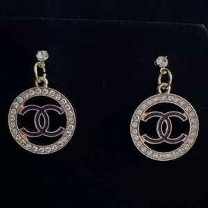 CHANEL inspired Gold-Tone Crystal CC Drop Earrings with Black Enamel
